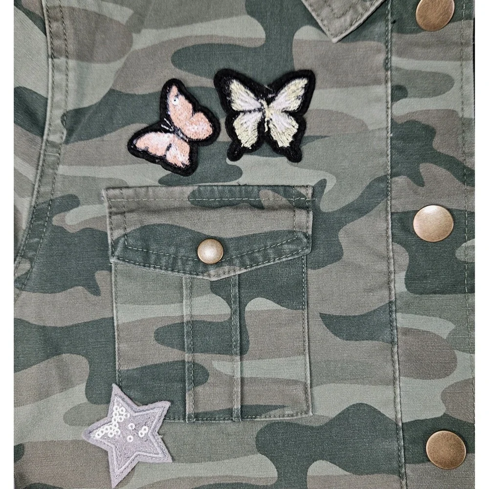 Justice Jacket Girls Size 16 / 18 Plus Camo Green Butterfly Star Patches Pockets